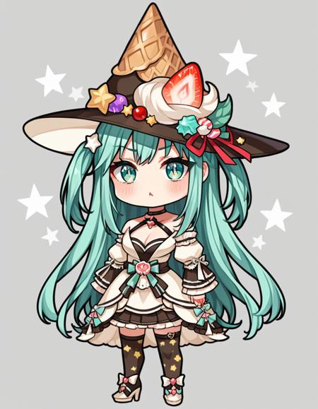  mint green hair, long hair, blunt bangs, short half twintail, side bangs, mint green eyes, red star shaped puplis, ice cream cone witch hat, sparkling witch costme, off shoulder, cleavage, Chocolate colored stockings with star candy