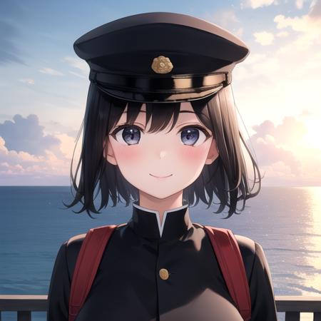 ((masterpiece)),(best quality),official art,extremely detailed CG,unity 8k wallpaper,ultra detailed,A lighthouse on a cliff by the sea,1girl,solo,upper body,(portrait:1.2),looking at viewer,hat,black_hair,short_hair,white_gloves,large_breasts,military_uniform,black_eyes,black_thighhighs,peaked_cap,smile,blush,backpack,pleated_skirt,<lora:Akitsu Maru(kan)>,