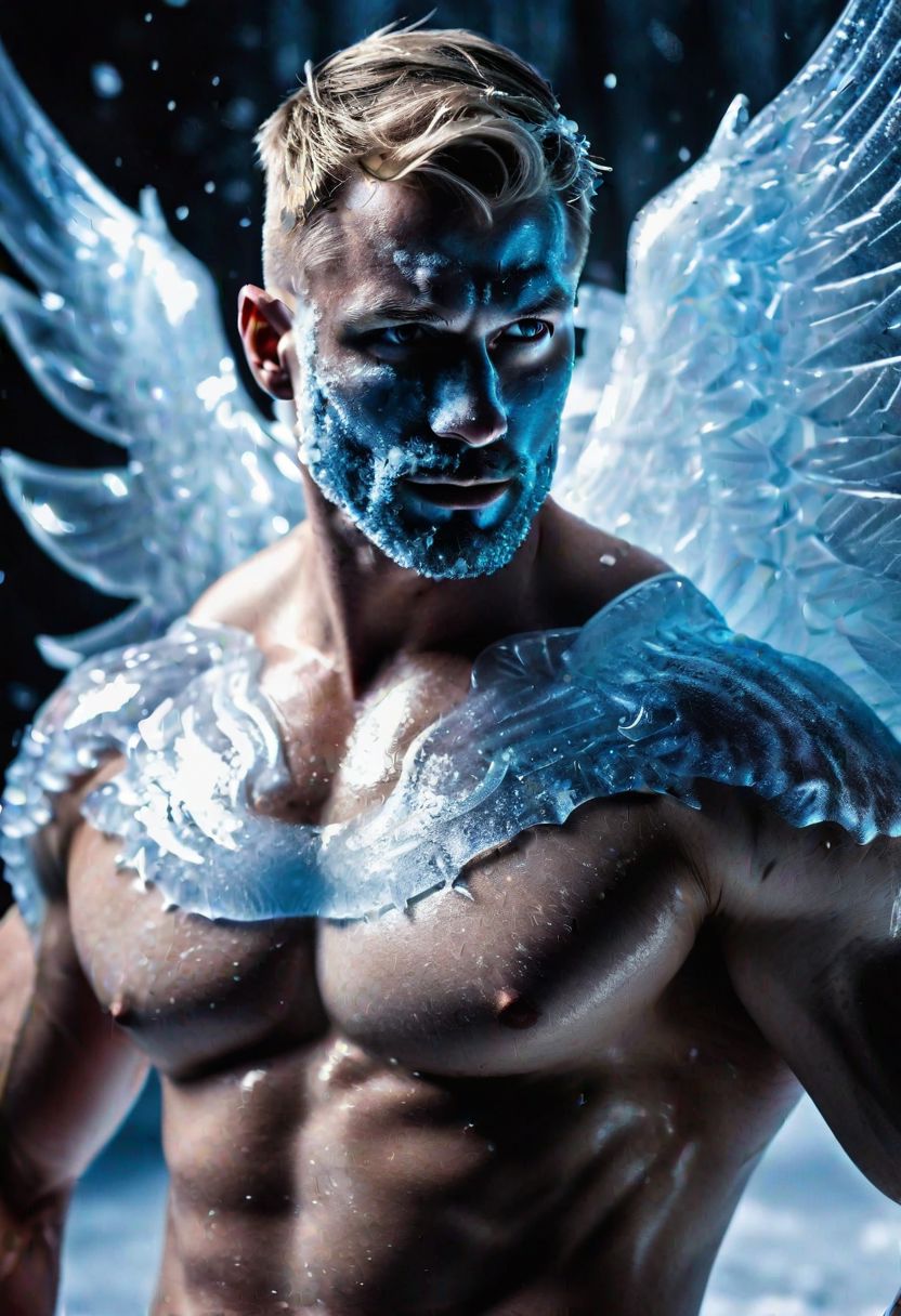 high quality, photo of 30 y.o muscular Scandinavian man, upper body, face mask of translucent ice, wings of translucent ice on his back, icy blue eyes, detailed face, shirtless, cinematic shot, dramatic lighting, blizzard
