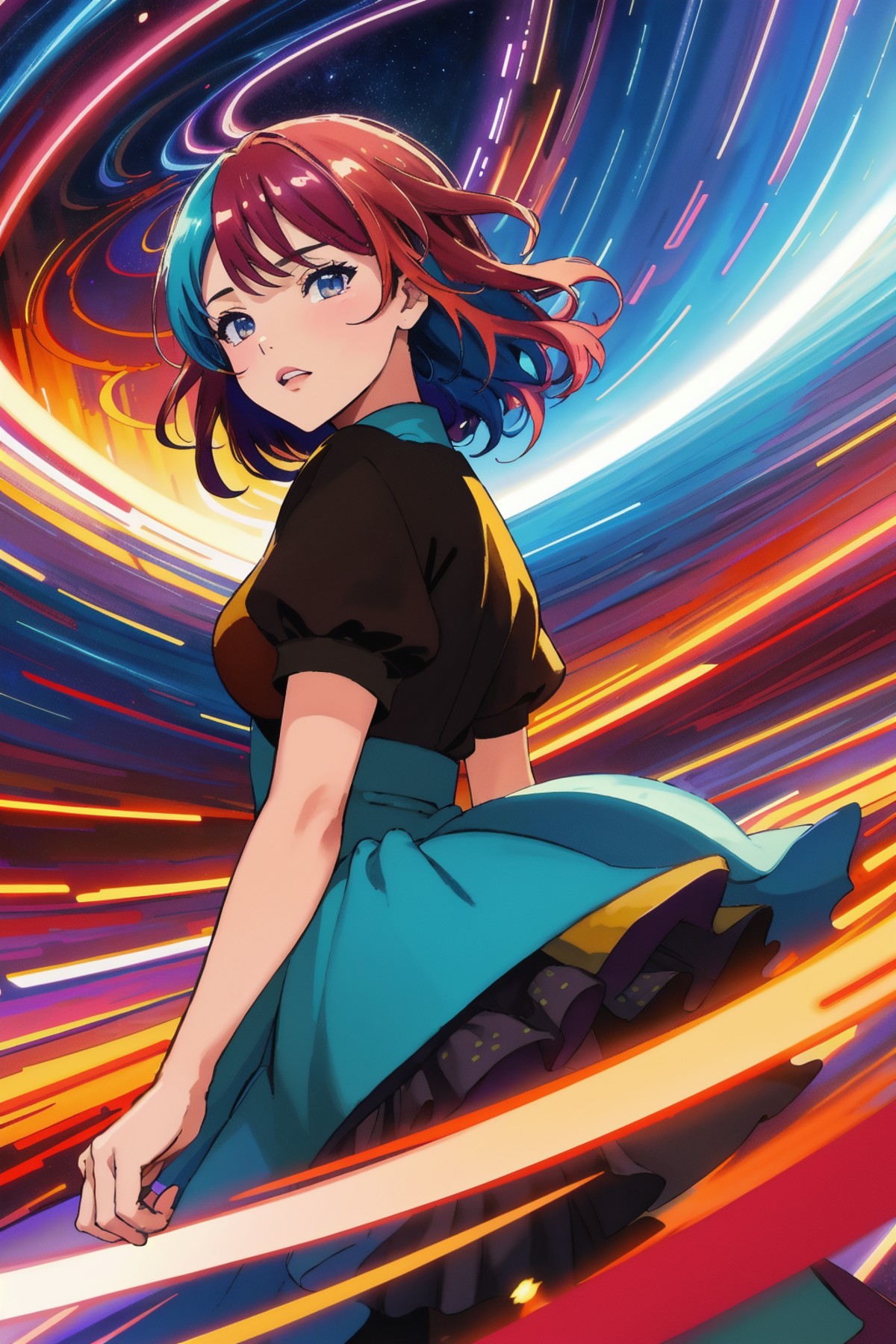 cinematic still anime artwork Wide angle digital illustration, (Vibrant abstract swirls in deep hues:1.3), Symmetrical com...