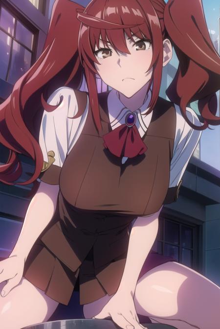 erikakuramoto, <lyco:erikakuramoto-LYCORIStest:1>,
erika kuramoto, twintails, (red hair:1.5), two side up, (brown eyes:1.5), hair between eyes, (large breast:1.2),
BREAK collared shirt, shirt, ascot, red ascot, juliet sleeves, short sleeves, sweater, brown sweater vest,
BREAK looking at viewer,
BREAK indoors, classroom,
BREAK <lora:GoodHands-vanilla:1>, (masterpiece:1.2), best quality, high resolution, unity 8k wallpaper, (illustration:0.8), (beautiful detailed eyes:1.6), extremely detailed face, perfect lighting, extremely detailed CG, (perfect hands, perfect anatomy),