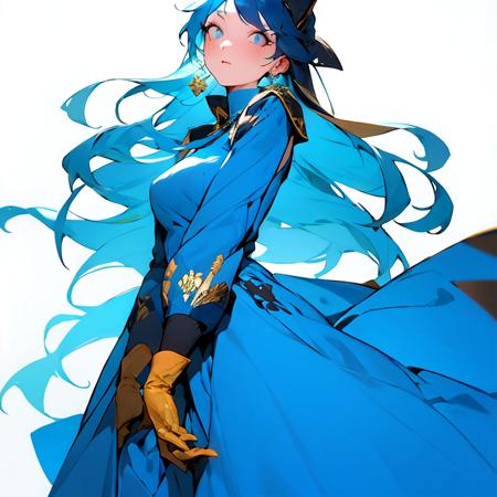 white background,
1girl, solo,
color palette (navy blue, azure, gold),
blue_hair, gloves, long_hair, solo, looking_at_viewer, dress,