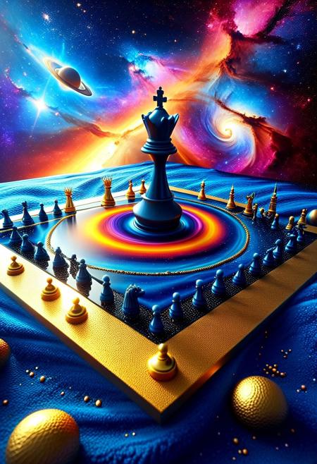 sandswirl, swirling sand, 
In the boundless reaches of the Celestial Realm, adrift amidst the infinite sea of stars, there exists a board of unfathomable size—a Cosmic Chess set, wrought by the hands of divine artisans eons past. Its surface spans entire solar systems, each square a miniature galaxy unto itself.
Here gather the Primordial Players, beings of pure energy given corporeal form by the sheer weight of their existence. Albus, Lord of Light, resplendent in robes woven from stellar plasma; Obsidia, Queen of Darkness, cloaked in shadow-stuff darker than the void between worlds.
With movements measured and deliberate, they wage war upon this grand stage. Galaxies collide and fragment, birthing new wonders with each passing turn. Nebulae blossom into being, painting the tapestry of spacetime with hues undreamt-of by mortal minds.
3d-rendering, concept-art, digital, dreaminess, futuristic, multimedia, virtual-reality, 
eeriness, fantasy, other-worldliness, science-fiction, surreal, 
colorful, sci-fi style, technological, alien worlds, space themes, advanced civilizations, 
best quality, masterpiece, aesthetic, intricate details, highly detailed, ultra-detailed, absurdres, unreal engine, octane rendering, high contrast, vivid, vibrant, volumetric lighting, sharp focus,
