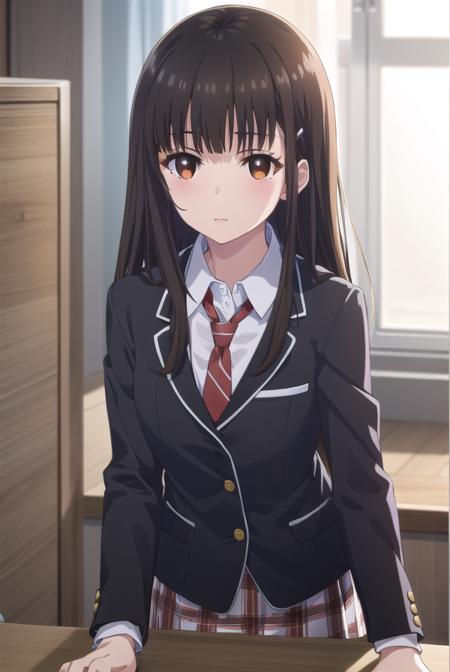 yumeirido, <lora:yume irido s1-lora-nochekaiser:1>,
yume irido, long hair, bangs, (black hair:1.5), hair ornament, (brown eyes:1.5), hairclip,
BREAK shirt, school uniform, jacket, white shirt, necktie, collared shirt, blazer, red necktie, red skirt, skirt,
BREAK indoors, classroom,
BREAK looking at viewer, (cowboy shot:1.5),
BREAK <lyco:GoodHands-beta2:1>, (masterpiece:1.2), best quality, high resolution, unity 8k wallpaper, (illustration:0.8), (beautiful detailed eyes:1.6), extremely detailed face, perfect lighting, extremely detailed CG, (perfect hands, perfect anatomy),