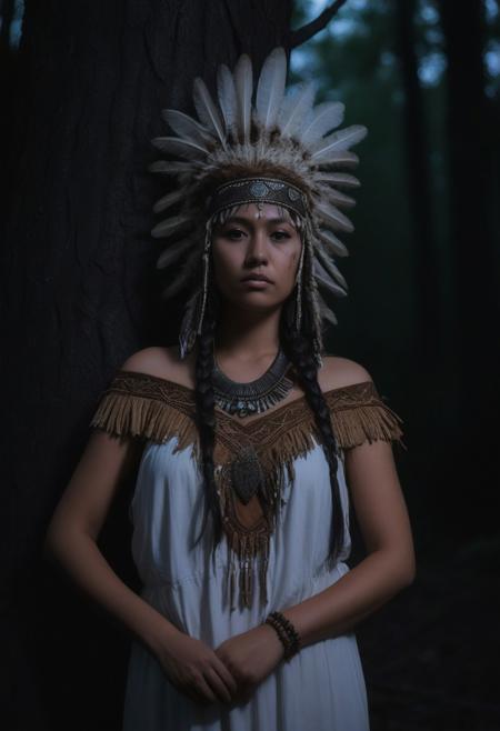 native princess wearing a amour and dress and headress while standing in a ancient forest at night