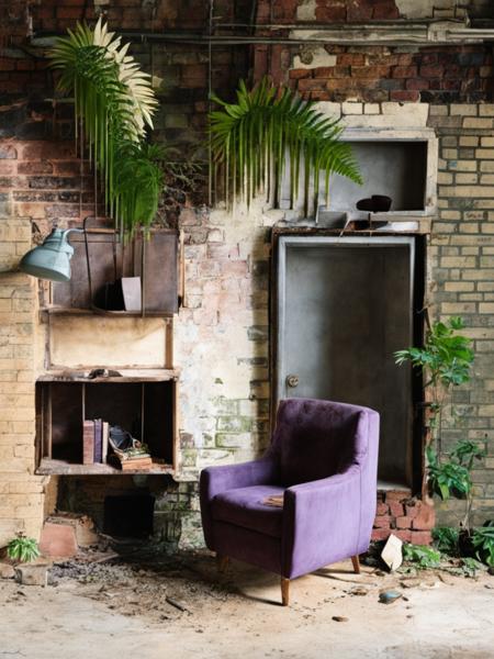 a plum chair sitting in front of a brown brick wall with a plant growing out of it's back, Claire Hummel, overgrown, a still life, neoplasticism<lora:Abandoned:1>