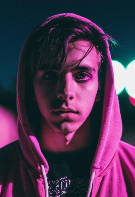go pro photo, half body,1man, 25 y.o. , night , low andle, bright clothes 90's, grainy photo, analogue glitch effect, emo, black and pink clothes, black eyeliner
