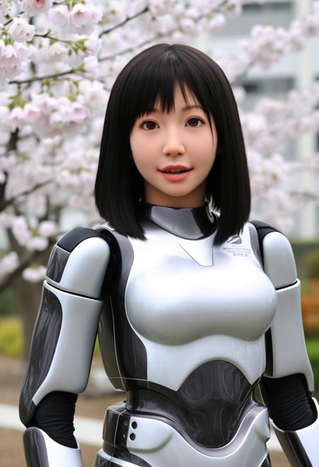 dynamic realistic photography,ultra sharp image,,super model,idol chinese 20 years old cute hot girl hrp4c robot ,big sister,black short hair,full body pose,narrow waist and large spherical breast, HRP 4C Robot Android woman, Japanese young woman human head, robot body, breast, human artificial skin, long black shoulder length bob hair, black coller neck, white silver and black colored body, cute face, the face of a young Japanese woman, big eyes, lips like a young woman, robotic arms, robotic leges, slender waist, sakura tree, graden, close shot , sports ,no hat, legapart ,4k,8k, hrp4c_robot,       <lora:hrp4c_robot_v4.1:1>