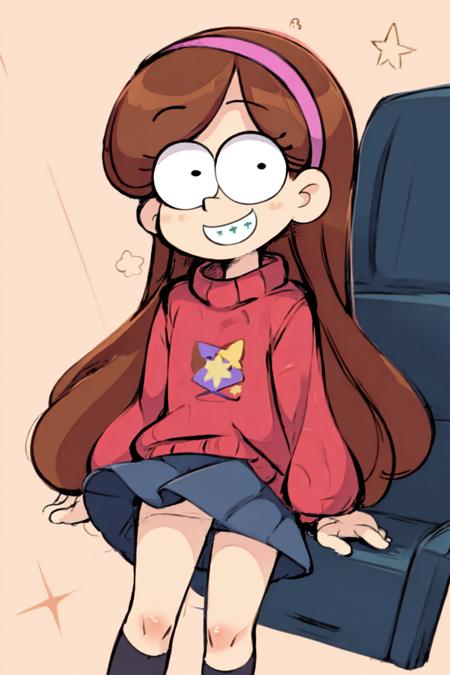 masterpiece, high quality,  <lora:Mabel_Pines_V0.3:1> mabelpines, dot eyes,  smile, braces, long hair, hairband, sweter, skirt, star print,