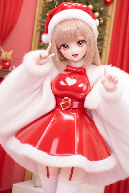 merry christmas, red latex dress with white fur trimmed, (making a heart with fingers of both hands:1.1), shiny sissy luxury latex dress, thighhighs, gloves, smile, open mouth,