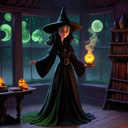 novuschroma51 style,
1girl, young woman, witch, black robes, black choker, standing over one large bubbling couldron, 
hut, wooden interior, large window, moonlight, books and potions
green theme, magical,  <lora:novuschroma51 style_claymation:1.05> <lora:Alien Style:0.56>