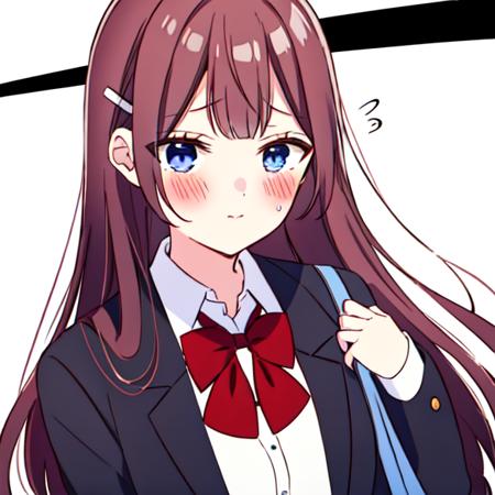 <lora:WakaSakuraba:0.8>, waka sakuraba, 1girl, solo, long hair, looking at viewer, blush, bangs, blue eyes, simple background, brown hair, shirt, hair ornament, long sleeves, white background, bow, closed mouth, school uniform, jacket, white shirt, upper body, open clothes, hairclip, collared shirt, bowtie, bag, red bow, open jacket, black jacket, sleeves past wrists, flying sweatdrops, blazer, cardigan, red bowtie, school bag