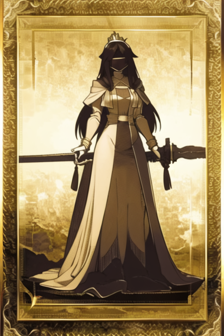 masterpiece, best quality, class card, 1girl, solo, monochrome, sepia, <lora:class_card_v3:0.8>. long hair, crown, dress, closed eyes, blindfold, holding sword,