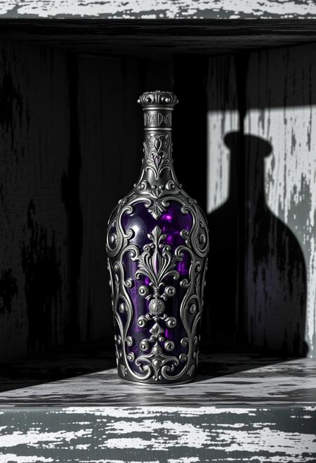 A Highly Detailed And Intricately Designed Purple And Silver Bottle Surrounded By A Shadowy Black White And Gray Weathered Shelf Background
