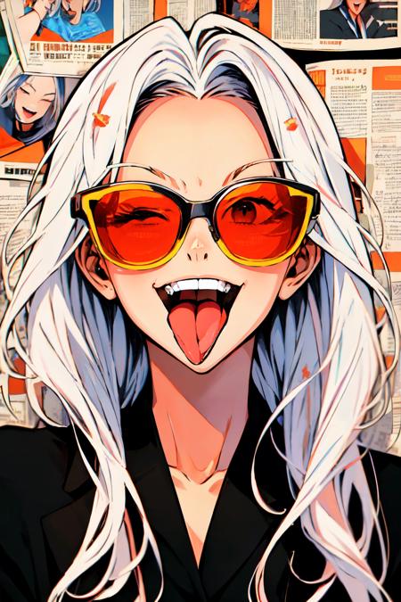 newspaper wall, newspaper, teeth, shirt, white hair, tinted eyewear, orange-tinted eyewear, tongue, long hair, solo, one eye closed, upper body, 1girl, smile, open mouth, tongue out, looking at viewer, collarbone, black shirt, sunglasses<lora:newspaper_wall:1>