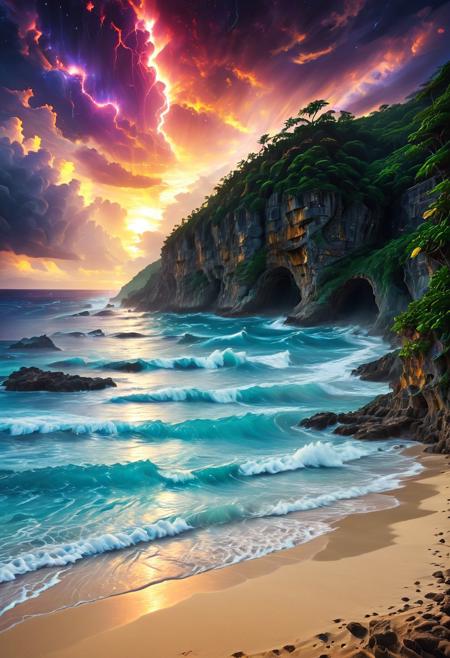 (by Ellen Jewett:1.5), (Bioluminescent Impressionism, Jamaican landscape, cliffs, ral-wlfnte,  *Flow in the Name of water* *Channel_42* *中* *Broadcasting* *Artificially_Atypically_Autistically* *Magnetic* *Waves* *Synesthesia* *sand *lightning*  *beaches* *water* *cliffs*  *mighty* *super, The Dreamland, Jamaica, Jamaican beaches,  sky sunset, sunrise ,waves ethereal landscapes, depth of field, beach,  bioluminescent beach, biotech emotion:1.3) <lora:xl_more_art-full_v1:0.5> <lora:add-detail-xl:1> <lora:RMSDXL_Creative:2>, ral-wlfnte