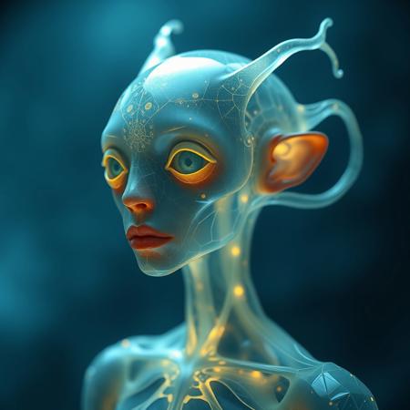 Masterpiece protozoa/humanoid, bioluminescence translucent  body, with no ears and no nose, 32k, 16k, 8k, masterpiece, cinematic art,