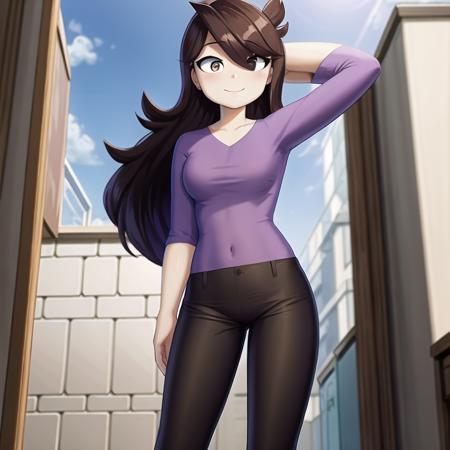 cartoon, brown hair, purple shirt, black pants, masterpiece, ultra hd, absurdres, best quality, solo, full body, standing, hand behind head, white skin, white body, smile