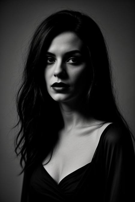 film stripes, photorealistic, perfect face, pitch black background, pitch black room, pitch black scenario, ((greyscale)), strong eyeliner, dark gothic romance look, pitch black withered gown, very beautiful woman, long pitch black hair, massive wild bodylong pitch black hair, vampira inspired by maila nurmi, like an ed wood movie, pitch black withered cape, very aristocratic noble pose, view slightly from the side