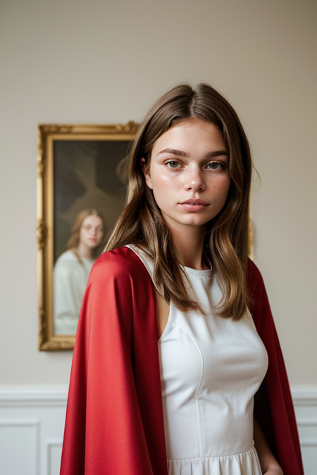 AnnaKolding, photography by (David LaChappelle:1.3), modelshoot, pose, ((dress)), (long red cape), (closeup on upper body:1.3), Flemish masters, luxurious fabrics, silk, Versailles, French aristocracy, palace interior, 1782, large oil paintings on walls, portrait