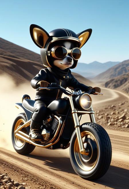 RetroBG, (black and gold:1.3), from side, closeup cute small black and gold big wheel motorcycle, chihuahua driving, wear round goggles, wear animal ears helmet, run through in mountain dirt road, Dust, from side, blue sky, cinematic, cinematic lighting, (masterpiece, best quality:1.4), ultra-high res, 4k, Photorealistic, insanely detailed, sfw,