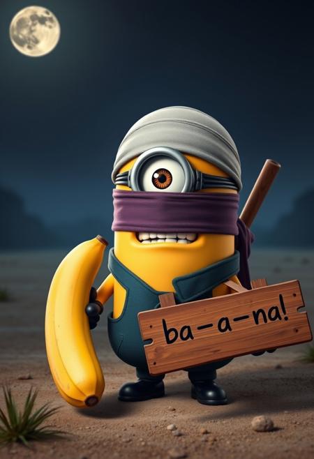 jannik sinner as a  minion from despicable me, gloriuos skin , dressed as an italian tennis player Jannik sinner , japanese ancient ninja look, (one eye:1.2), funny expression, (looking at viewer:1.1). holding a tennis banana, pitch pastel background only illuminated by moon, wooden sign "ba - na - na" perfect banana, banana pointed at viewer, Highest quality, masterpiece, 4k, concept art,