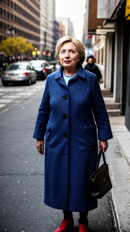 Hillary Clinton, European old woman as a very poor woman, beggar, ragged clothes, begging in New York, walking in a very dirty street, dirty city, crying in pain, whole body, full body in frame, detailed background, highly detailed face, extremely detailed, high quality, best quality, looking at viewer