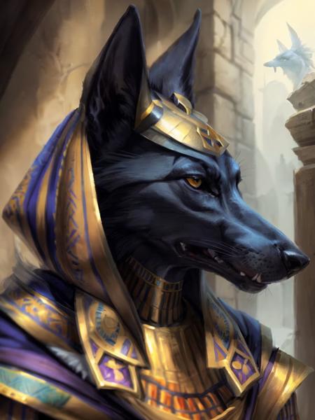 ethereal fantasy concept art of  Egyptian style role-playing game (RPG) style fantasy POV Portrait of a Anthropomophic Jackel,face focus,ebony black skin,anubis,<lora:add_detail:0.3>,<lora:ARWgodanubis:0.8>,Priest,dungeons and dragons,RPG,Character Concept,Face at the window, . detailed, vibrant, immersive, reminiscent of high fantasy RPG games . hieroglyphs, gods and goddesses, Pharaohs, highly detailed . magnificent, celestial, ethereal, painterly, epic, majestic, magical, fantasy art, cover art, dreamy