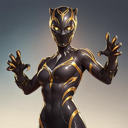 BP_shuri, black bodysuit, yellow eyes, glowing eyes, skin tight, claws, helmet, 