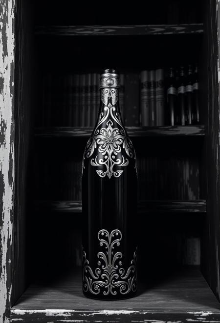 A Highly Detailed And Intricately Designed Black And Silver Wine Bottle Surrounded By A Shadowy Black White And Gray Weathered Shelf Background