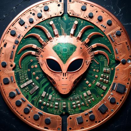 an alien relic resembling a fragmented PCB disk, glyphs etched into copper pads, traces forming cryptic diagrams, embedded quartz and resistors pulsing in rhythmic light, background pulsating with EM echoes, pcb_style