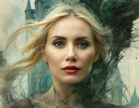 insanely dynamic illustration of woman 34 yo, Charcoal drawing, crayons, close-up. Masterpiece, Double exposure, long shot, backlit, low angle lighting with blood red and black shading, portrait of a woman face, blonde and blonde cut hair,green eyes,and a ruined gothic cathedral in the fog, black and blue nightmare, darkness, horror movie cover style, artwork, official art, kinetic, detailed, fantasy background, illustration, sharp focus, dramatic lighting, concept art, Gabriele Dell'otto, Antonio Mora, Andre Kohn, Arthur Bordalo, Bob Ringwood, Benedik Bana, style Jamie Wyeth, James Gillard, Edward Hopper, Greg Rutkowski. best quality, high resolution. crazy artstyle, careless brushstrokes, emotional and fun