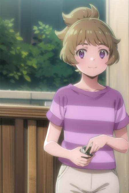 haruka yasaka, short hair, brown hair, (purple eyes:1.1), ponytail, shirt, short sleeves, striped, pants, striped shirt,