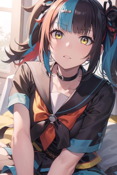 sei shounagon, aqua hair, black hair, blunt bangs, multicolored hair, red hair, twintails, (brown eyes:1.5), black sailor collar, black shirt, black skirt, choker, pleated skirt, puffy sleeves, sailor collar, shirt, skirt, bow, red bow,