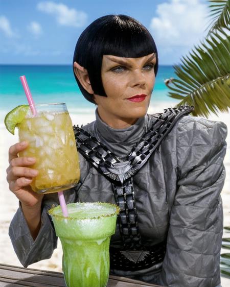 romulan, female, (toreth:1.2), 43 years old, pointy ears, medium olive skin, v-shaped brow ridge on forehead, short bob hair with straight bangs, wearing red lipstick, wearing romulan uniform, wearing belted harness, (grey and silver clothing:1.2), (holding a tropical drink:1.3), at the beach, sunny day, ocean, sand, palm trees, outdoors, facing forward, front view, medium shot, carolyn seymour, <lora:romulan_lora:0.8>