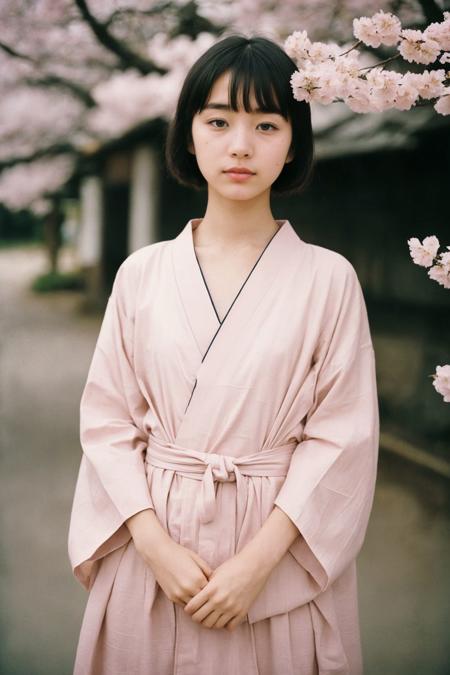 photograph of a cute 23-year-old Japanese girl, Yukata, Geta, pale skin, blush, innocent, cherry blossom festival, RAW candid cinema, 16mm, color graded portra 400 film, remarkable color, ultra realistic, textured skin, remarkable detailed pupils, realistic dull skin noise, visible skin detail, skin fuzz, dry skin, <lora:pailide3-000005:0.6>, shot with cinematic camera, shot by Don McCullin