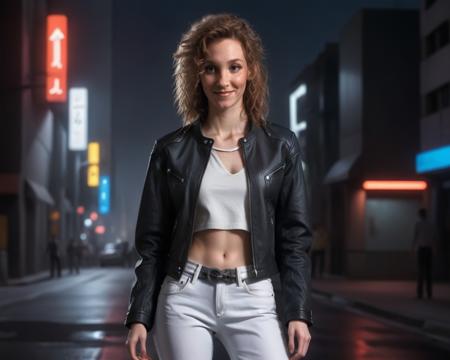 (JudithHoagTMNTApril:1.1), a high resolution RAW photo of a JudithHoagTMNTApril woman with long curly red hair, cyberpunk hairstyle, wearing a cyberpunk style black leather jacket and white shirt and denim jeans, sexy standing pose, on a futuristic cyberpunk city sidewalk at night, cyberpunk city with neon lights and futuristic buildings and futuristic sports cars driving by, smiling and ((looking at the camera)), (thin torso, slender, flat chest, smallest breasts, slender build), sexy portrait, photorealism, photorealistic, <lora:JudithHoag_90s_TMNT_April_ONeil_SDXL:1>