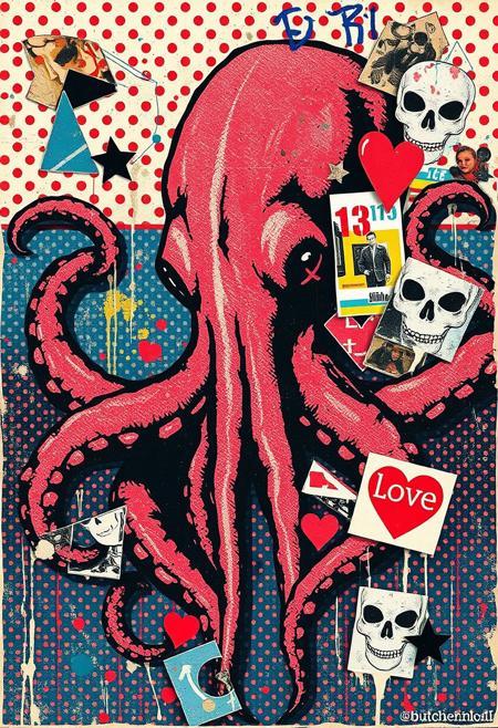 A pop art mixed media collage artwork style of Butcher Billy. Deconstructed, provocative, surreal, intense and chaotic composition. Street art textures, overlapping layers and vibrant retro colours. A punk stencil photocopy print of a magazine image of a the deep ociean with a giant squid kraken sea monster.
Print errors, halftone dots. grungy ink marks, print registration errors. Overlaying this and partially covering it are layered sections of repetitive randonly coloured dots spraypainted in Yayoi Kusama style - smears and spray. Torn vintage photos of human bones, skull-and-crossbones, and the number "13" glued to the layers.
These, along with layers of paint splattered and dripping break up the outline. On the top layer are rough hand-drawn shapes, abstract patterns and love hearts scrawled heavy-handedly in blue biro and Sharpie marker.