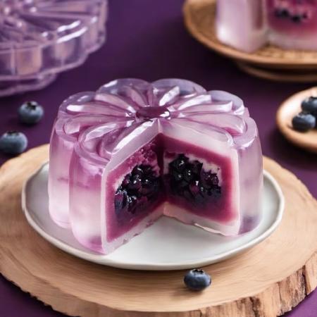 A sliced food mooncake with a crystal translucent crust and blueberry cheese inside a purple mooncake with giant blueberry decorations on the sides，solo，simple