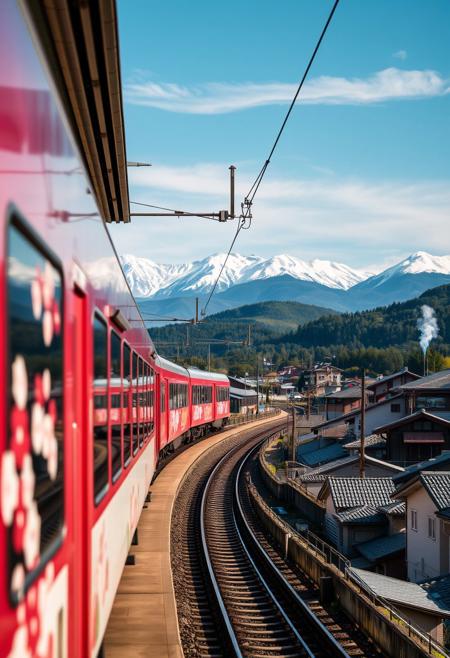 A serene Japanese commuter train, wrapped in vibrant cherry blossom decals, smoothly tracks along the edge of a peaceful train station, framed against a stunning backdrop of snow-capped mountains and rolling hills blanketed with lush greenery. The scene unfolds as the camera pans out, revealing a tranquil expanse of traditional villages, their rustic rooftops emitting wispy smoke.