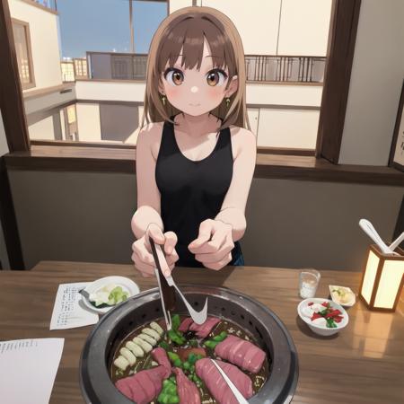 masterpiece, best quality, ultra-detailed, illustration,
smokeless_roaster, grill, yakiniku, japan, 1girl, blonde hair, jewelry, looking at viewer, earrings, indoors, cup, window, holding, reflection, restaurant, food, table, brown hair, tank top, night, tongs, holding tongs
 <lora:smokelessroaster_V21:1>