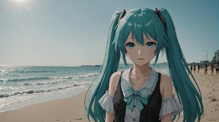 sunshine,
lxlre2,animegirl,realistic background,anime girl in real world,<lora:animereal-000007:1>,amazing quality,wallpaper,analog film grain,cinematic film still,hatsune miku,beach,((portrait)),