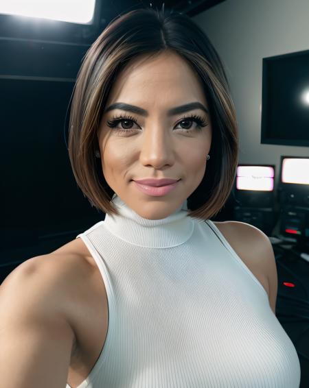 ((selfie:1.2)), (raw:1.1) photo of (P4m3l4Silv401:0.99), a woman as a tv host, modelshoot style, presenting news, in a news studio, ((wearing a dress with high neck:1.2)), RAW candid cinema, 16mm, color graded portra 400 film, remarkable color, ultra realistic, textured skin, remarkable detailed pupils, realistic dull skin noise, visible skin detail, skin fuzz, dry skin, shot with cinematic camera