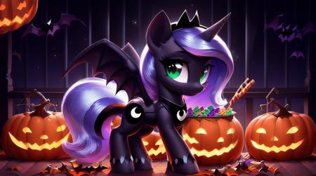 pony, (masterpiece), (raytracing), (cinematic lighting), ((town)) triadic lighting, High Definition, light particles, (shading), filly luna looking at you, holding bucket filled with candy n mouth ((high detail)), wings closed, female, ((one horn)), perfect  anatomy:1.5,  ((fur body)), ((bat costume)) cute, (((adorable))), ((smile)), (((Holloween))), 1girl, solo <lora:luna_v2_b:1>