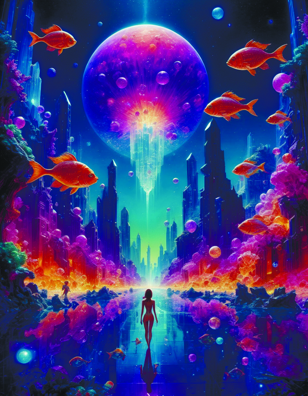 cosmic girl and fish float over infinite crystal city,( ( ( synthwave ) ) ),( ( fractal waves ) ),bright neon colors,highl...
