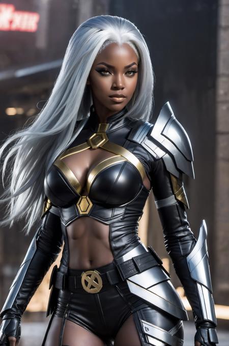 X-Men Storm, (black female), (African), dark skin) (silver long hair)), UHD, super detailed, sexy physique, arms at waist height, wide hips, large breasts, perfect body, sexy stance,((dressed in black) and gold body armor)) cyberpunk,SteelHeartQuiron character,elina,lun4,photo r3al <lora:cyborg_style_xl:1>