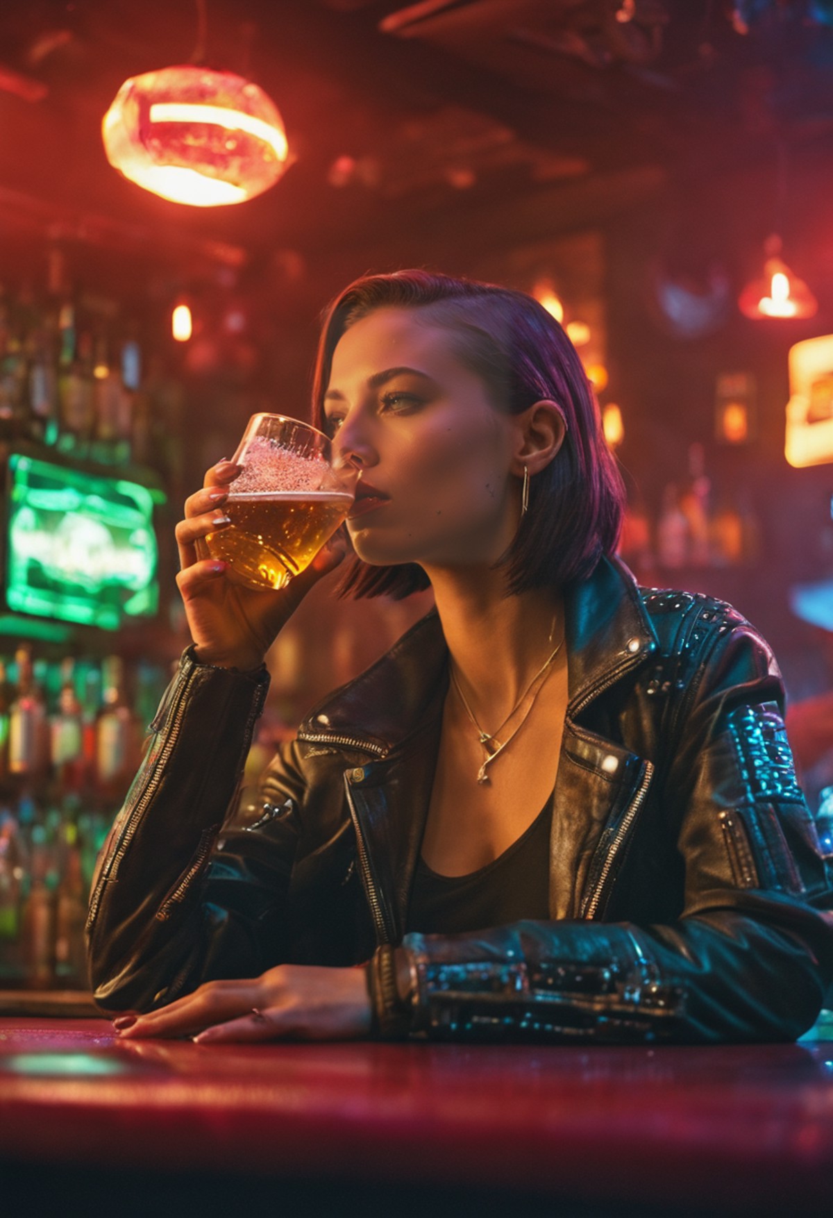 Photorealism redshift style analog style photograph close up; girl cyberpunk in a seedy bar drinking. Science fiction sett...