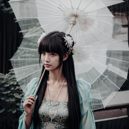 biyaoclothes, 1girl, hair ornament, umbrella, solo, hair flower, long hair, black hair, flower, holding umbrella, necklace, jewelry, holding, upper body, oil-paper umbrella, bangs, facing viewer,<lora:biyaoclothes05:0.9>