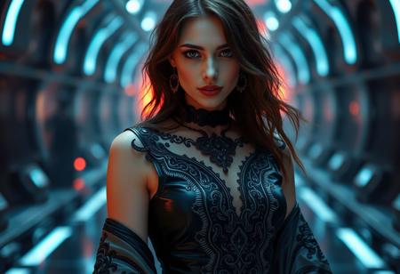 Masterwork Hd cinematic photo, fantasy magic-tech reality setting, sleek beautiful woman, slippery polished silk-latex, ornate vantablack and silver stitched gothic themed ‘70’s loose flowing hippie styled dress , flared  shawl, vaguely Edwardian influenced
