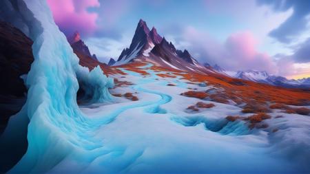 Psychedelic style Fantastic beach, pathway winding through the ice, mountainous horizon, chaotic clouds, psychedelic night sky full of stars, beautiful, magnificent color matching, cinematic, volumetric clouds, realistic painting, concept art, trending on art-station, ultra-HD, 8K . Vibrant colors, swirling patterns, abstract forms, surreal, trippy